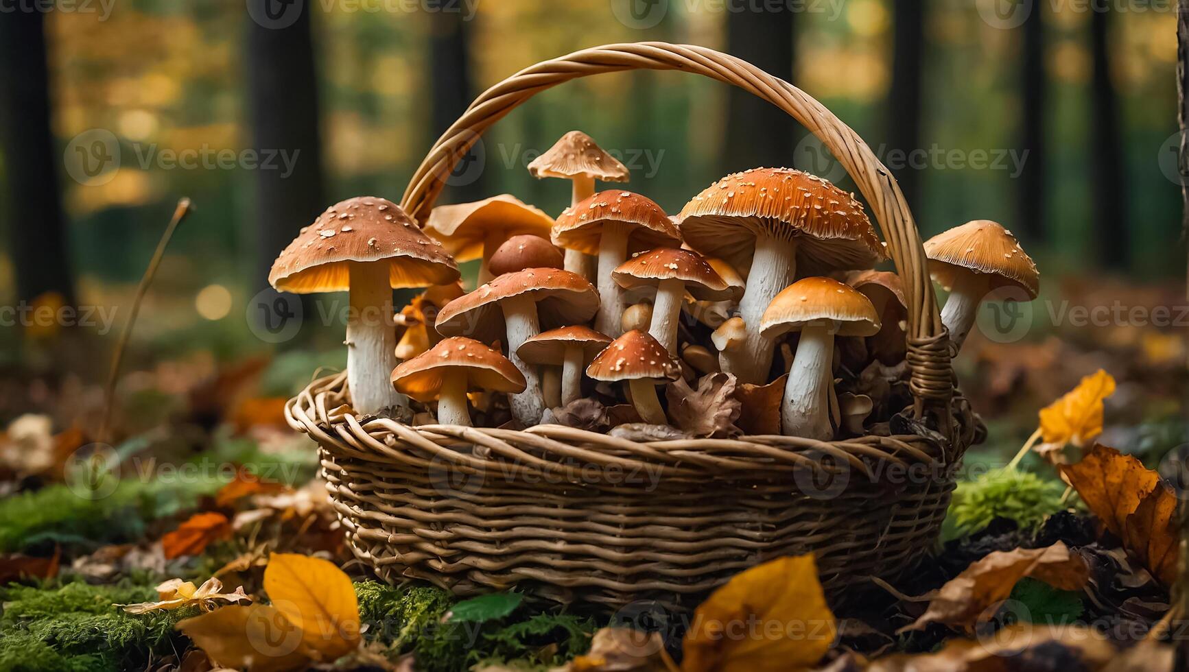 magnifique l'automne champignons dans une panier dans le l'automne forêt fermer- photo