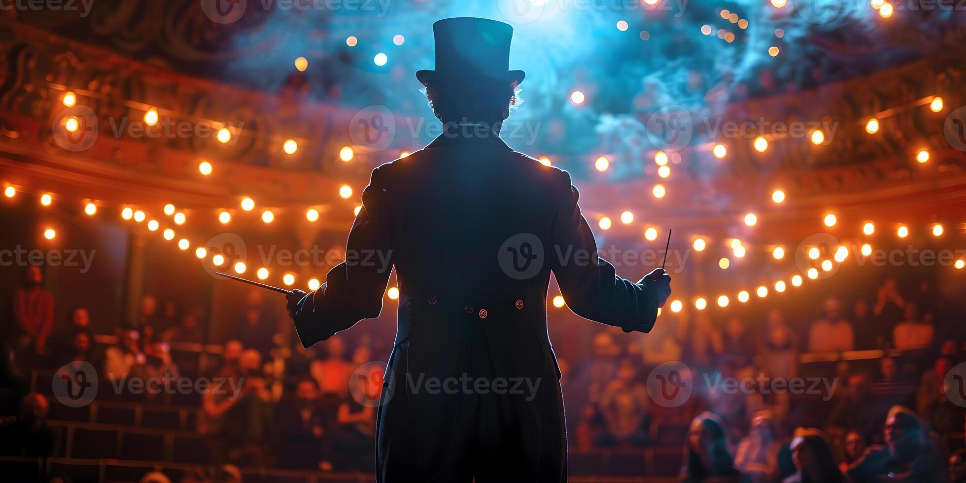 ai généré forain présente le sien montrer, diffusion le sien mains à le côtés. le gars dans le violet camisole et le cylindre. brillant queue-de-pie, costume photo