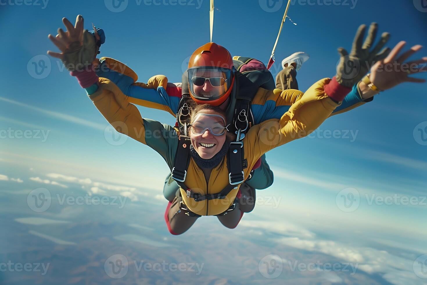 ai généré jolie femme est en volant tandem saut en parachute dans le ciel. photo