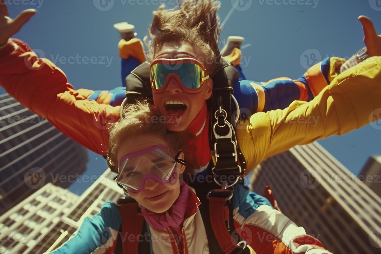 ai généré portrait de deux tandem parachutistes dans action le parachutisme par le air. photo