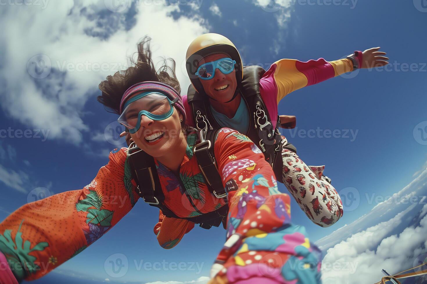 ai généré portrait de deux tandem parachutistes dans action le parachutisme par le air. photo