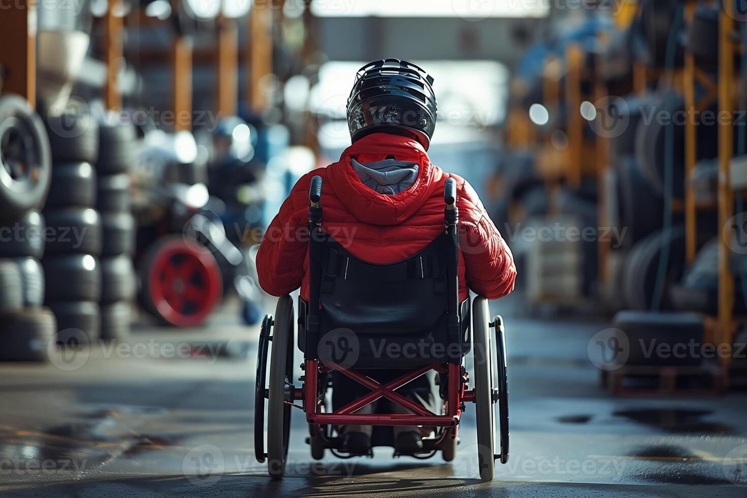 ai généré une homme dans salopette avec une cyber casque sur le sien diriger, séance dans une fauteuil roulant dans un vieux appartement, haute La technologie et une faible la norme de vivant de société, concept photo