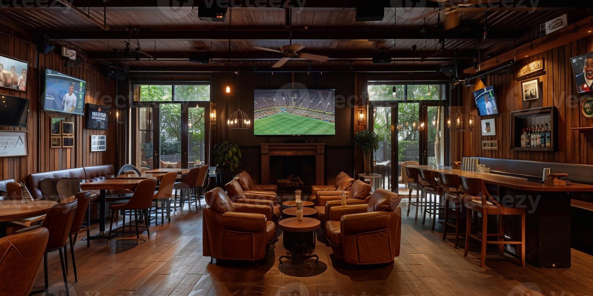 ai généré intérieur de un vide sport bar, bar compteur avec les boissons sur étagères, en bois les tables, écrans. novembre 24, 2019. Kiev, Ukraine photo