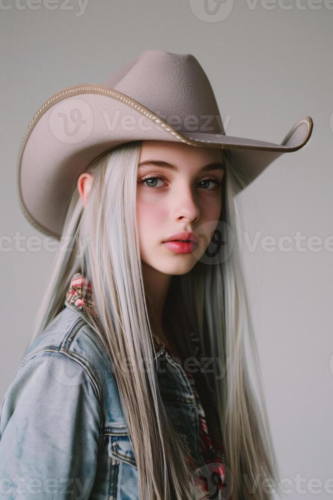 ai généré Jeune fille portant cow-boy chapeau pour occidental tenue illustration photo