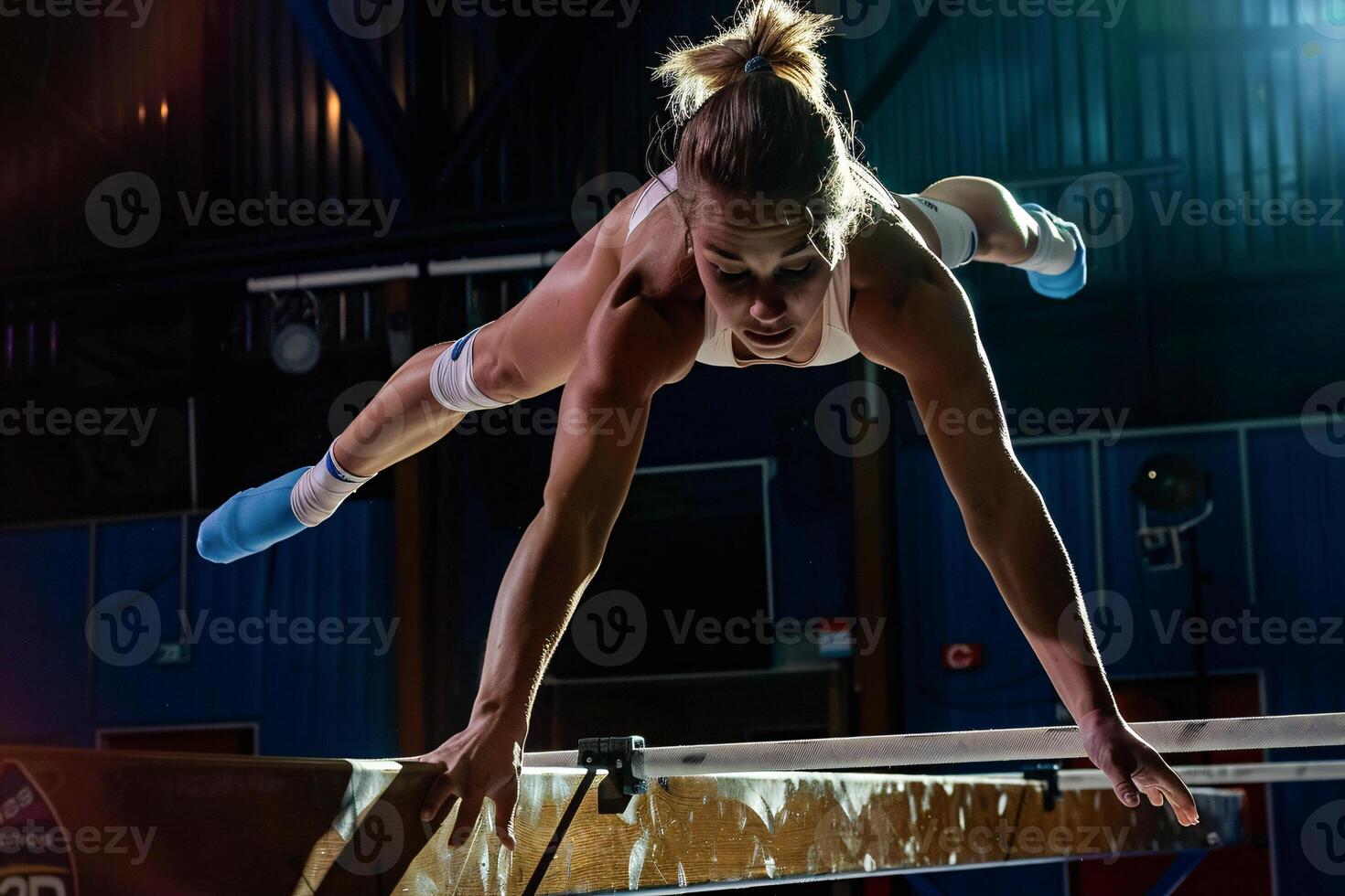 ai généré femelle gymnaste Faire équilibre exercice dans Gym photo