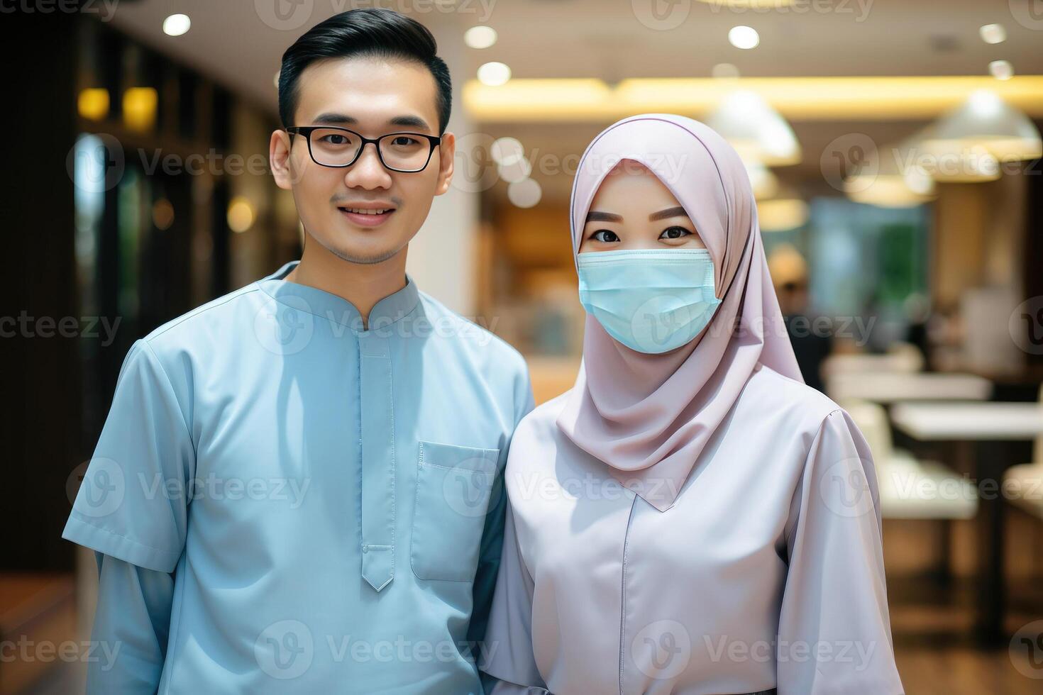 ai généré Jeune asiatique musulman médecins à la recherche dans caméra. portrait de homme et femme médical professionnel, hôpital médecin, sur de soi praticien ou chirurgien à travail. flou Contexte photo