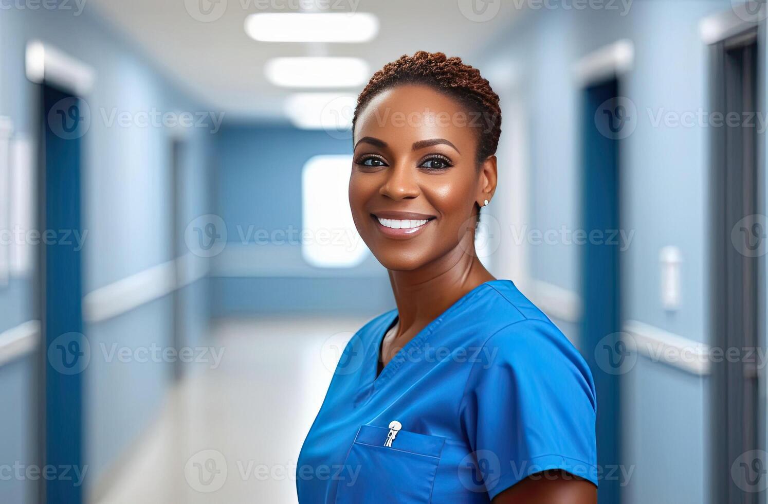 ai généré milieu vieilli noir femelle médecin dans bleu gommages, souriant à la recherche dans caméra, femme médical professionnel, hôpital médecin, sur de soi praticien ou chirurgien à travail. flou Contexte photo