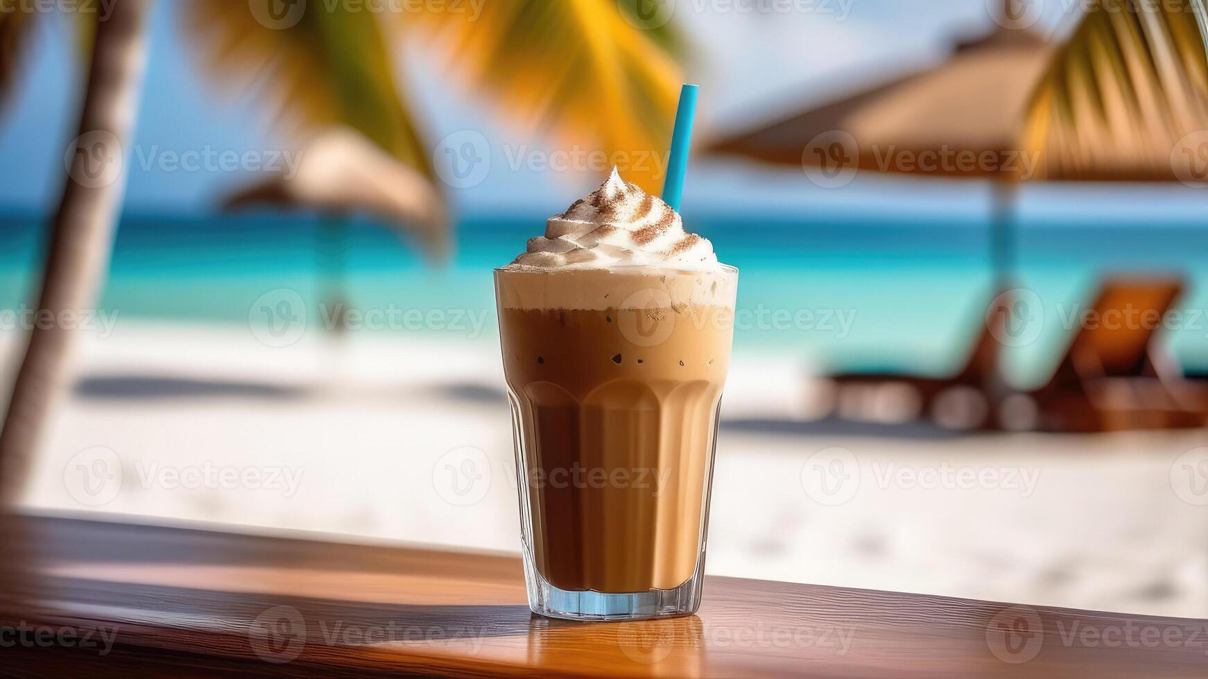 ai généré verre de du froid glacé café cocktail sur plage bar comptoir, bleu ciel, blanc océanique sable, lumière flou arrière-plan, sélectif se concentrer, copie espace photo