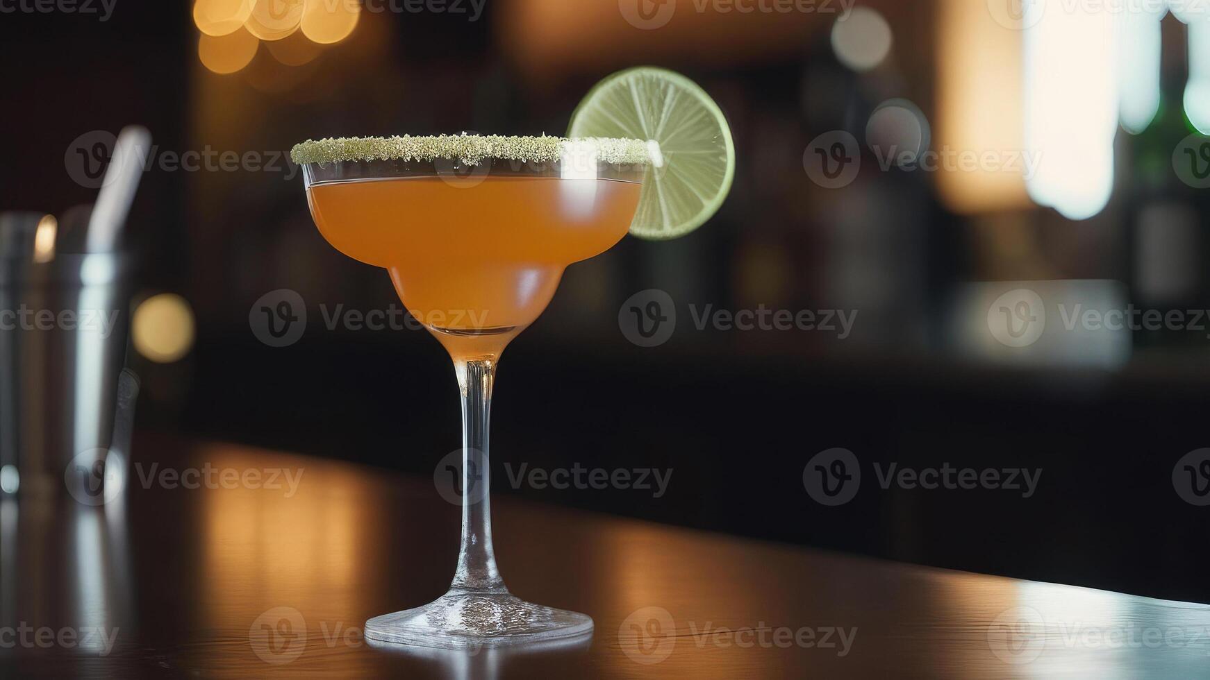 ai généré verre de de l'alcool cocktail décoré avec citron à bar comptoir, flou de mauvaise humeur foncé arrière-plan, sélectif concentrer photo