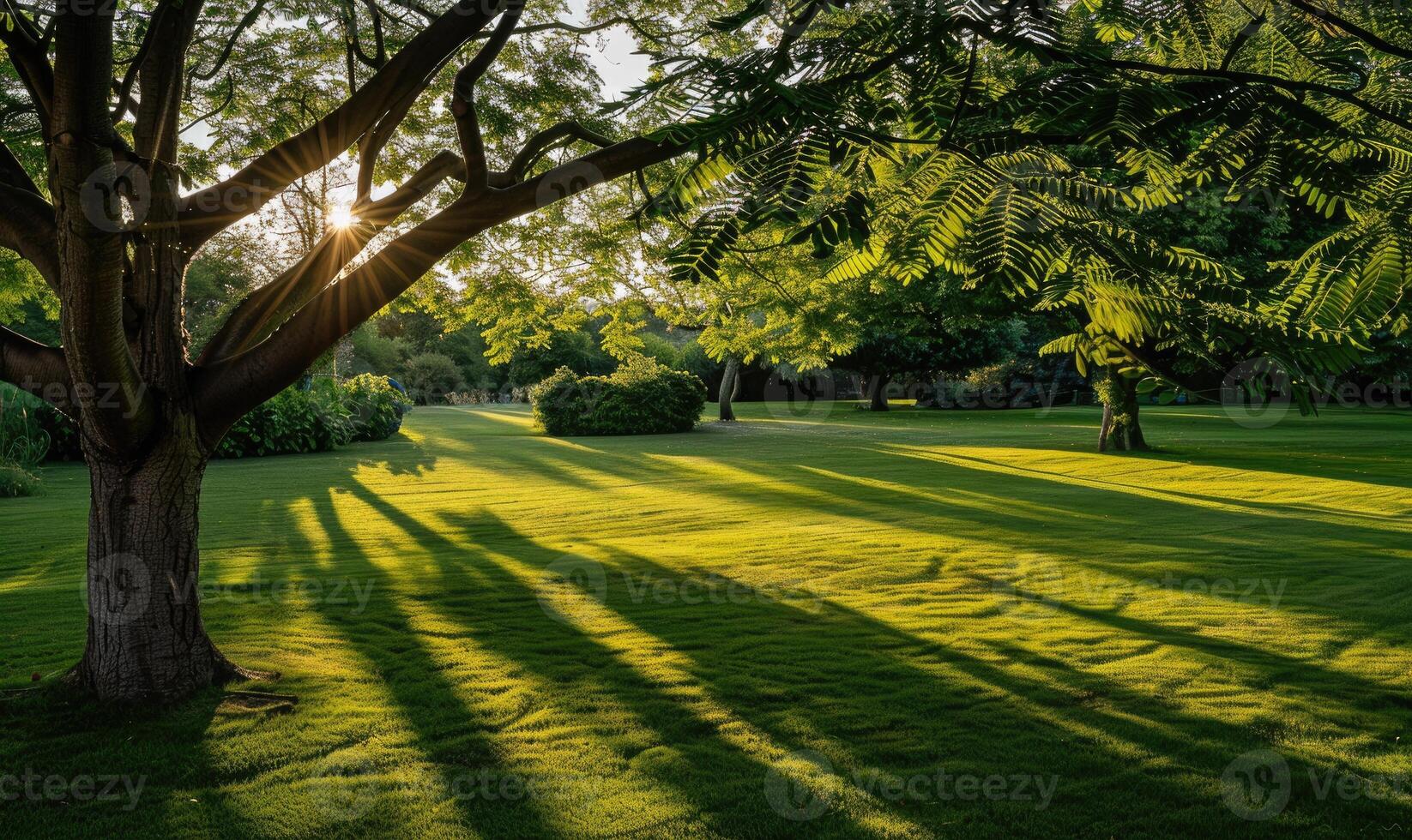 cytise arbre branches moulage ombres sur une luxuriant vert pelouse photo