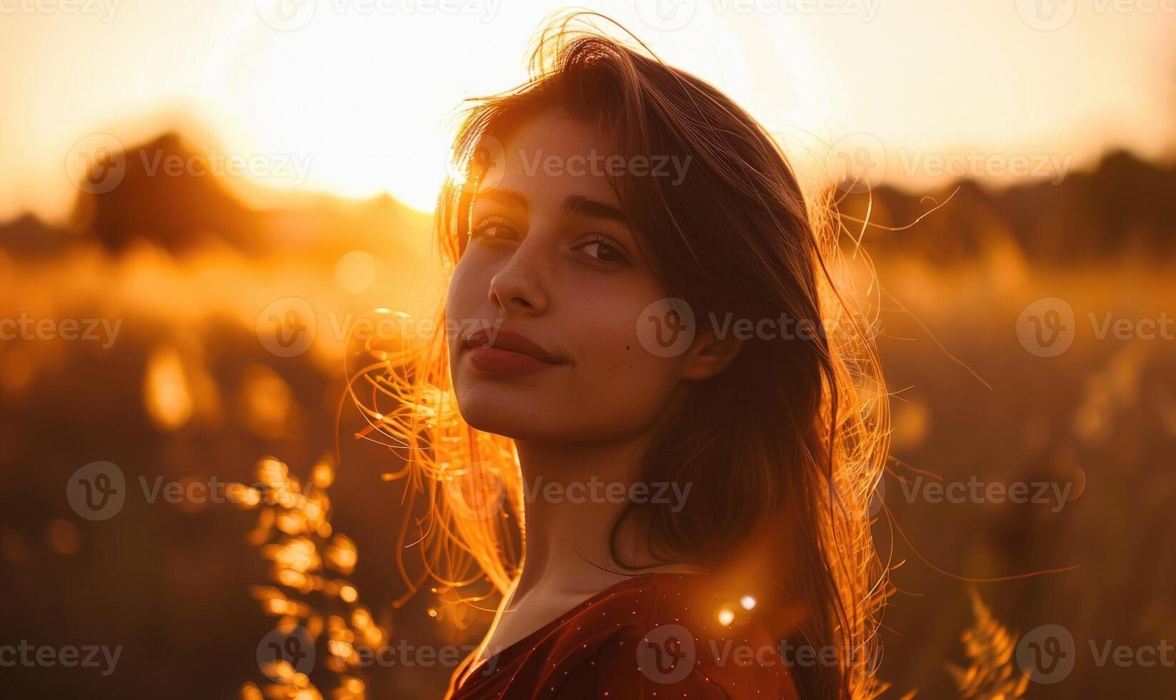 portrait de Jeune femme dans le champ dans le coucher du soleil lumière photo