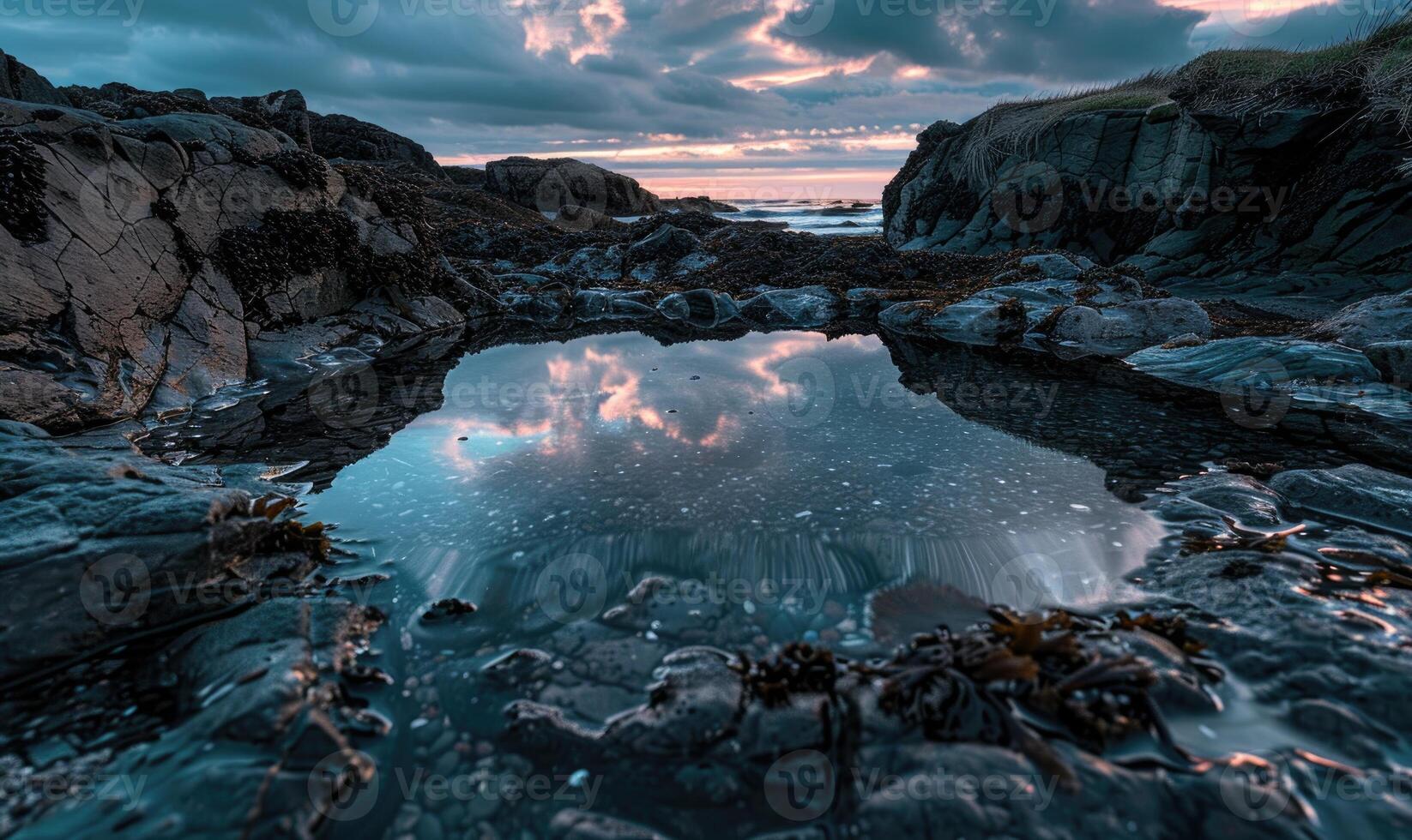 une paisible marée bassin reflétant le couleurs de le ciel à crépuscule photo