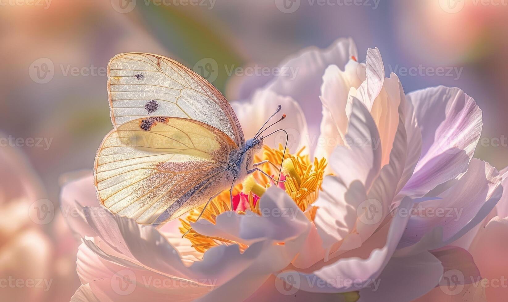 fermer de une pivoine fleur avec une papillon repos sur ses pétales photo