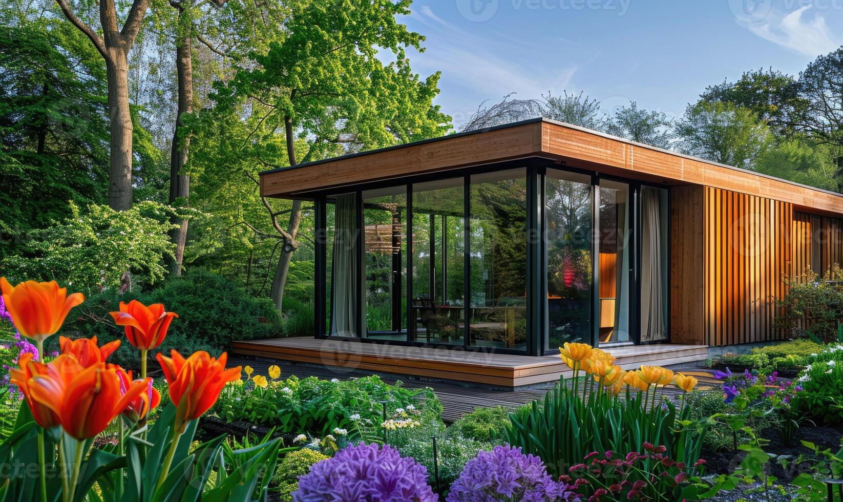 une contemporain en bois cabine avec grand les fenêtres surplombant une serein printemps jardin rempli avec vibrant fleurs et luxuriant végétation photo