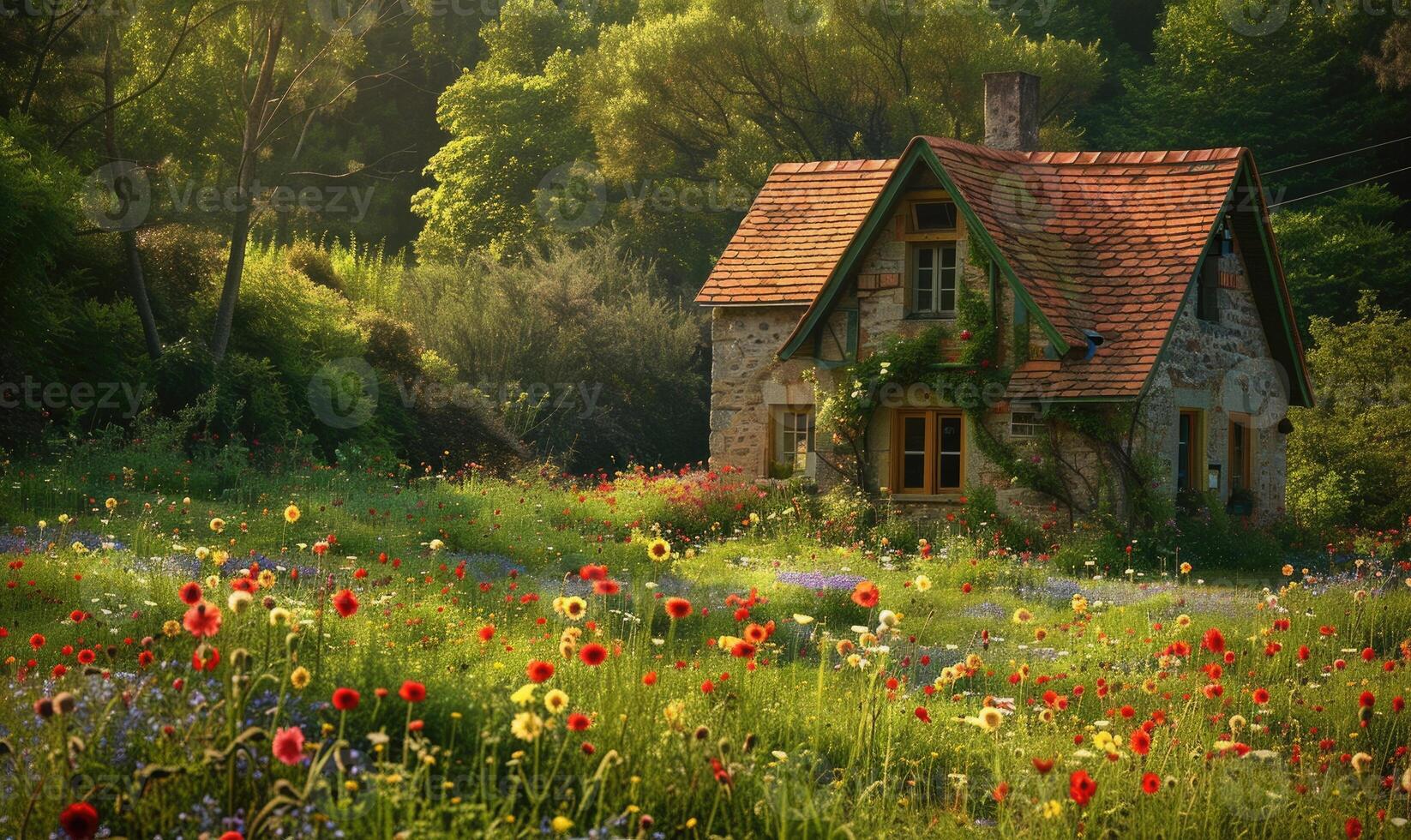 une charmant chalet niché au milieu de une champ de printemps fleurs sauvages photo