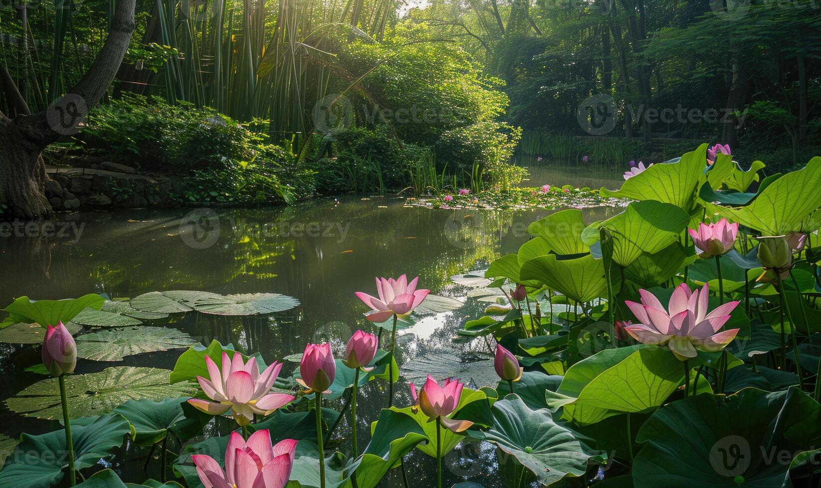 une serein étang entouré par épanouissement rose lotus fleurs et luxuriant vert feuillage photo