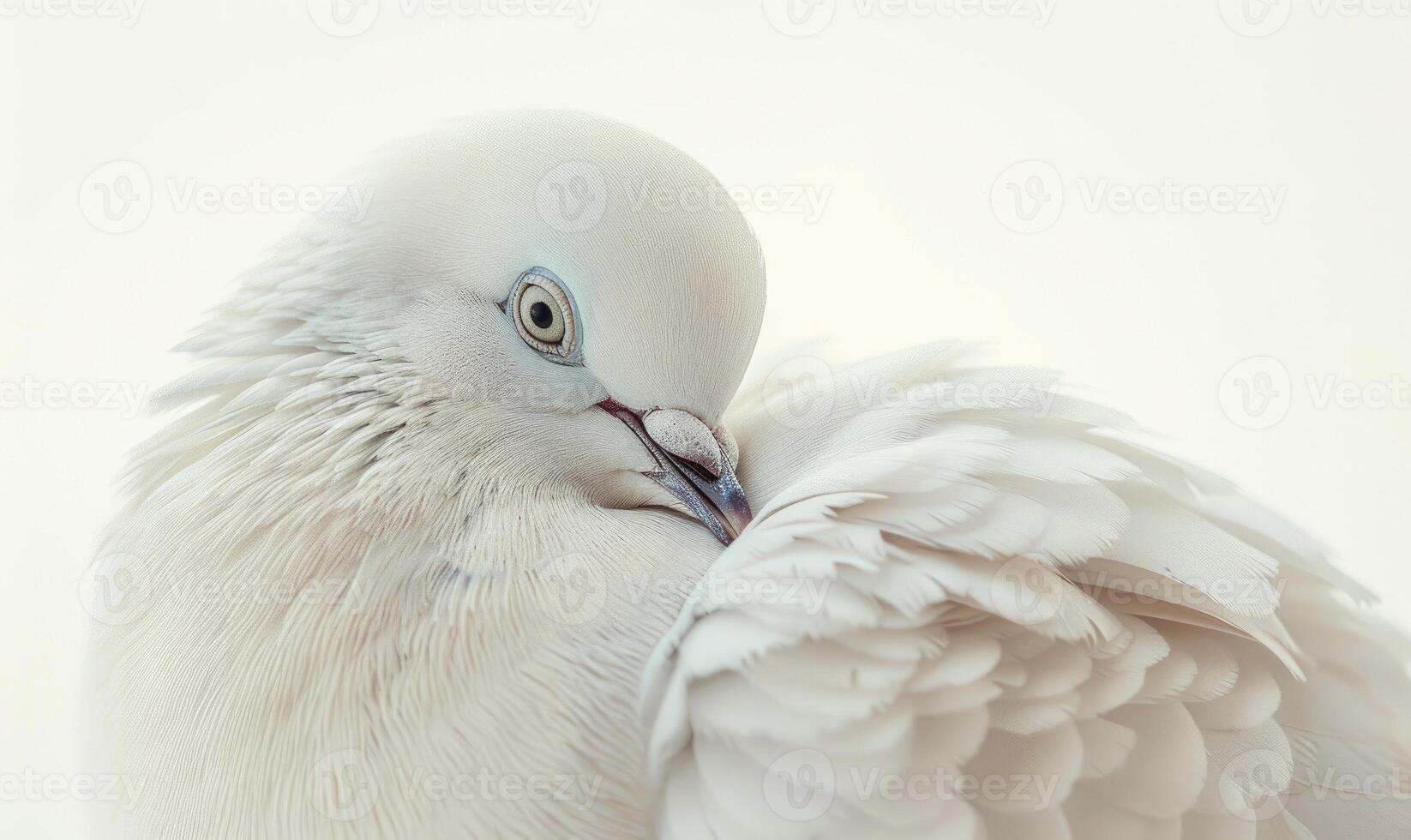 blanc Pigeon avec doux duveteux plumes capturé dans une fermer portrait photo