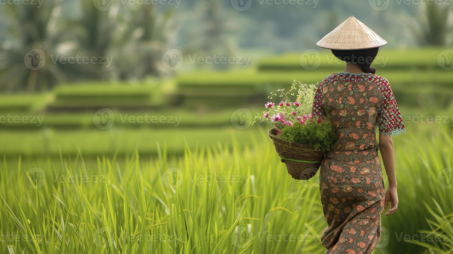 ai généré une adolescent fille de sud-est Asie, avec une traditionnel robe et une panier de fleurs, est en marchant dans une riz champ dans Bali, Indonésie photo