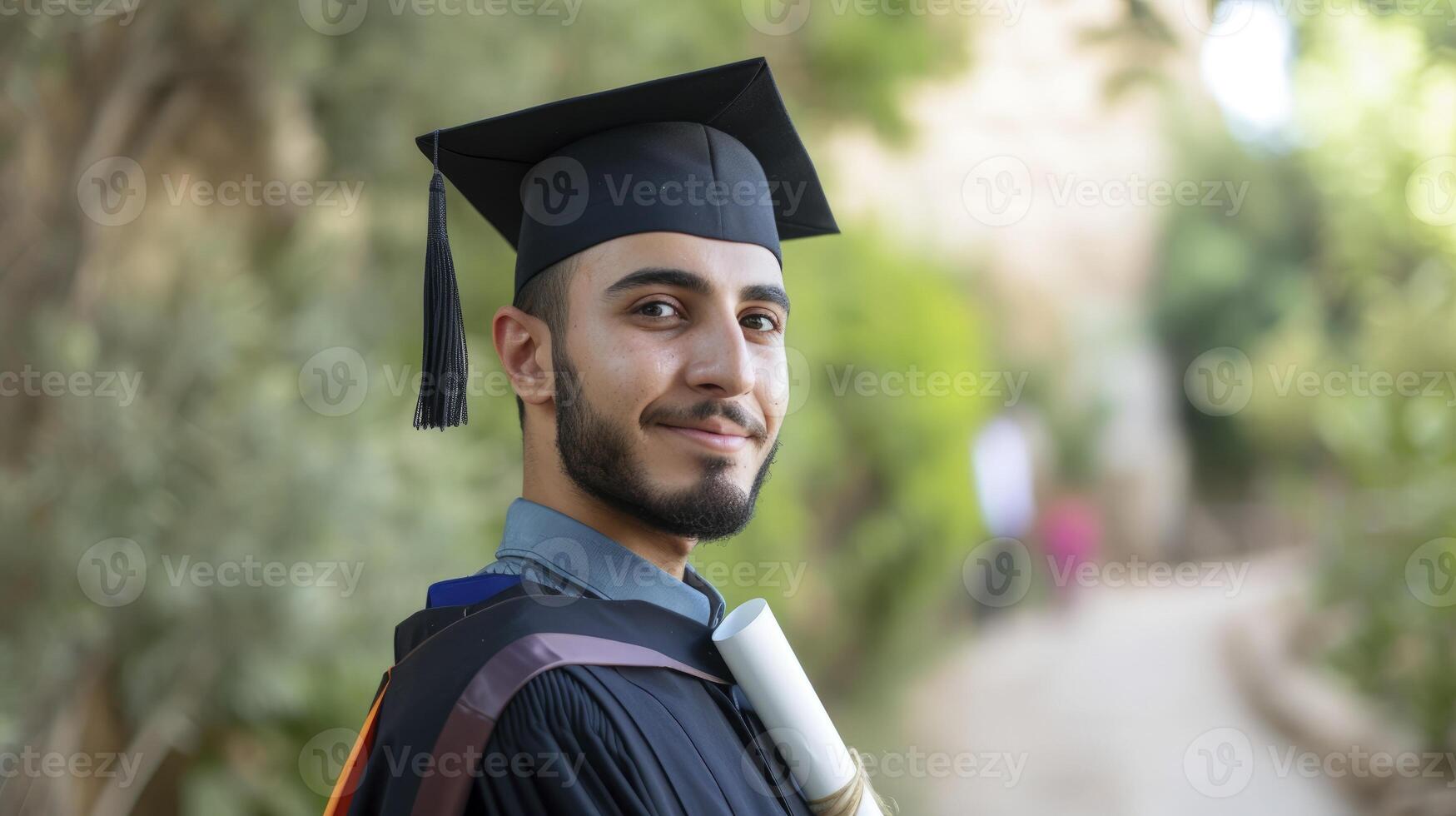 ai généré une Jeune homme de le milieu est, avec une fier expression et une diplôme, est graduation de Université dans Amman, Jordan photo