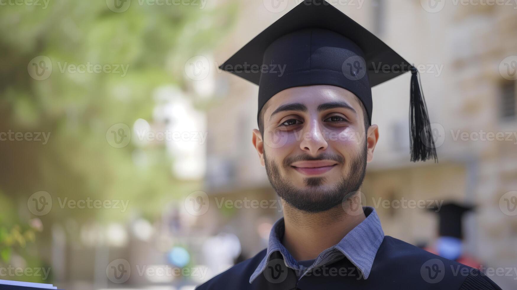 ai généré une Jeune homme de le milieu est, avec une fier expression et une diplôme, est graduation de Université dans Amman, Jordan photo