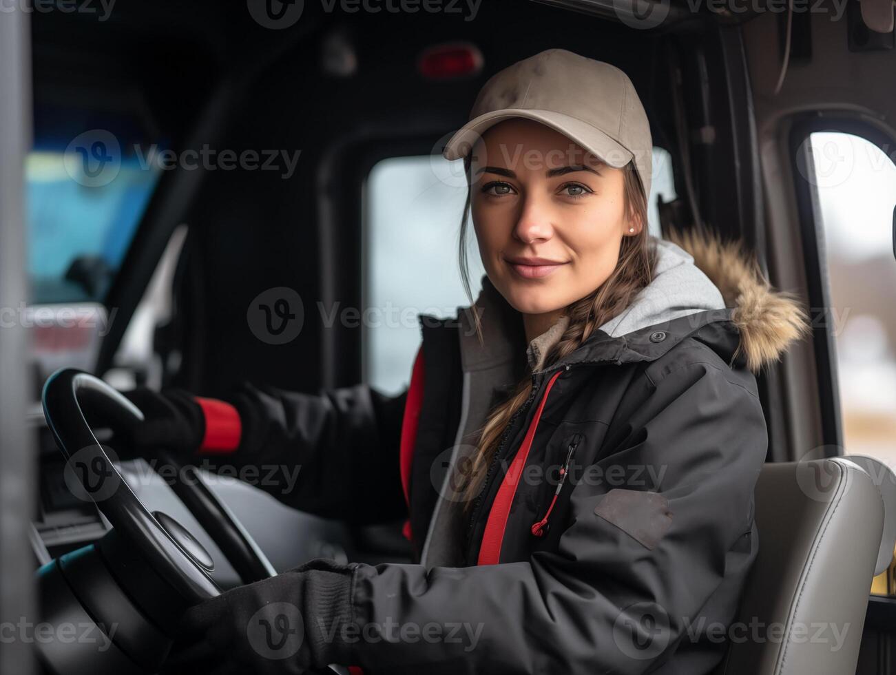 femelle un camion chauffeur à travail fermer. femme carrière concept photo