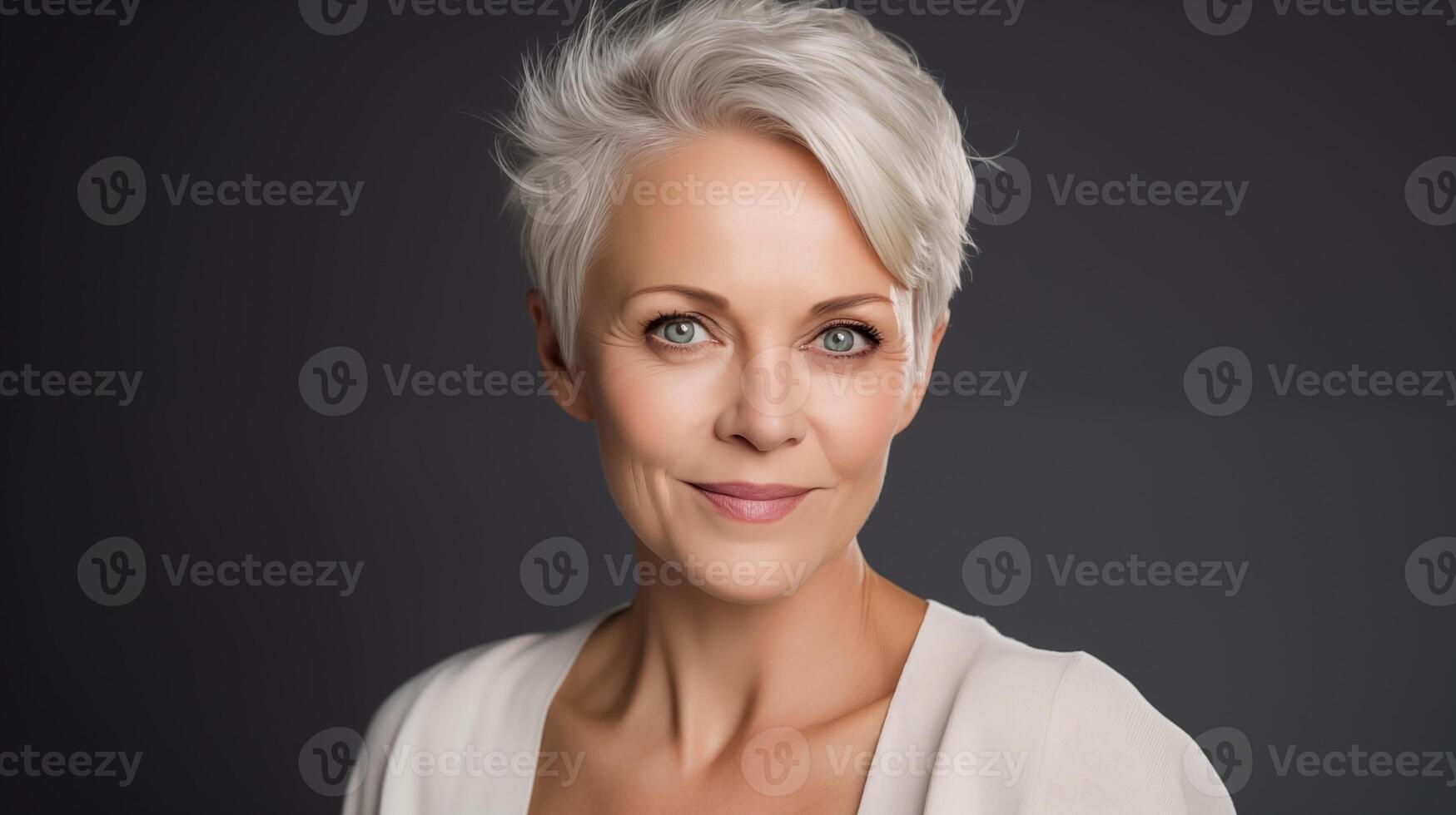 portrait de Sénior femme avec gris cheveux, bleu yeux et peau détails fermer. La publicité de produits de beauté, parfums photo