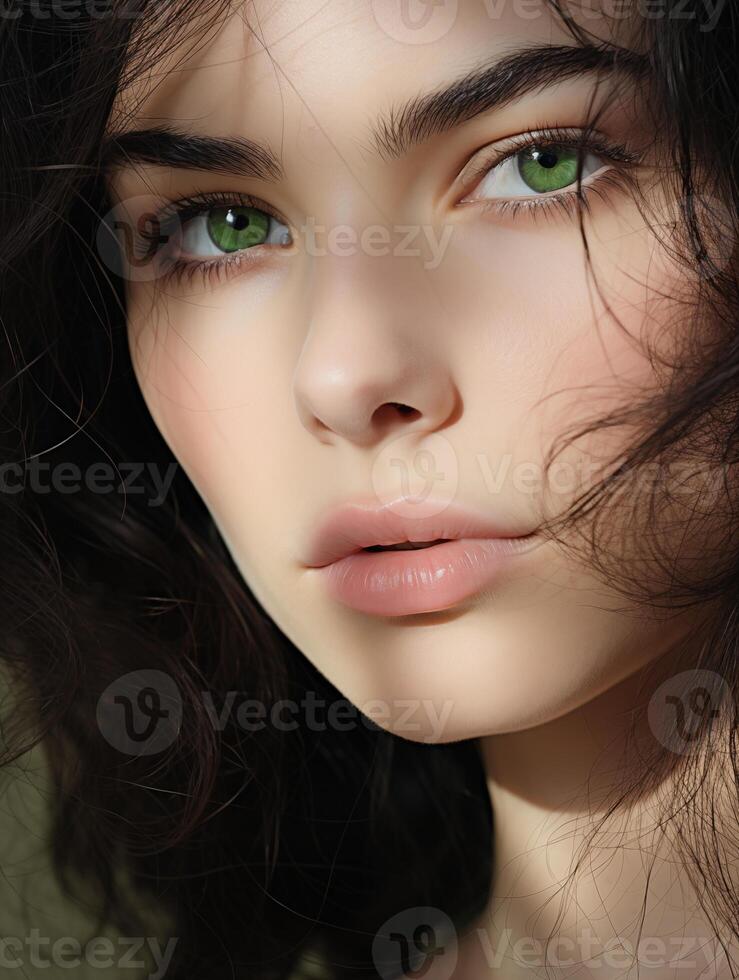 portrait de une magnifique Jeune femme avec vert yeux, peau détails. Naturel beauté de une mignonne modèle. La publicité de produits de beauté, parfums photo