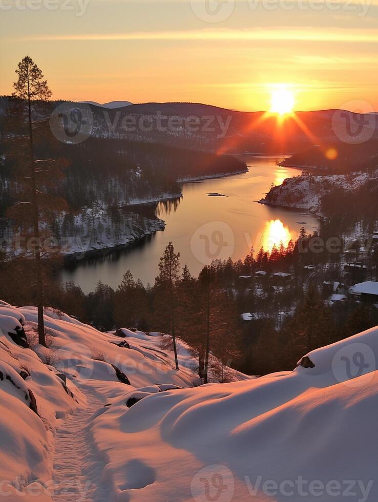 serein hiver le coucher du soleil plus de une tranquille rivière. hiver paysage photo