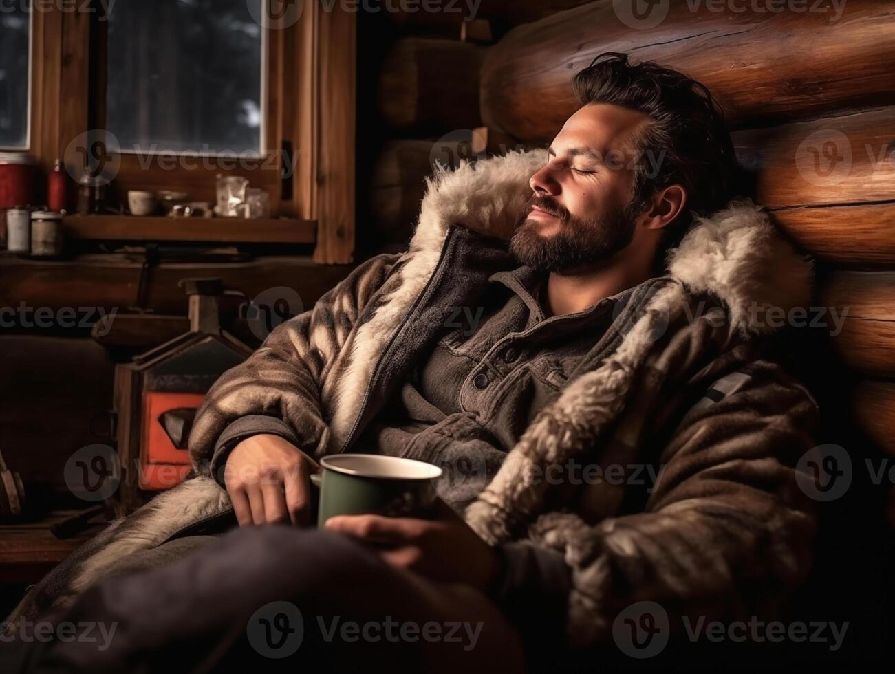 Jeune branché homme dans chaud vêtements profiter une tasse de thé dans une en bois cabine. l'hiver se détendre concept photo
