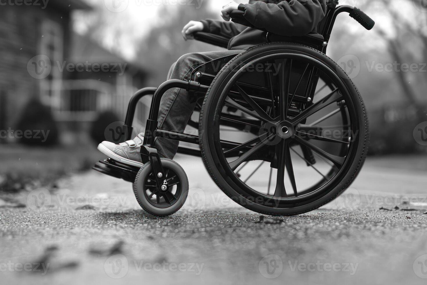 ai généré Jeune la personne dans fauteuil roulant sur une de banlieue route photo