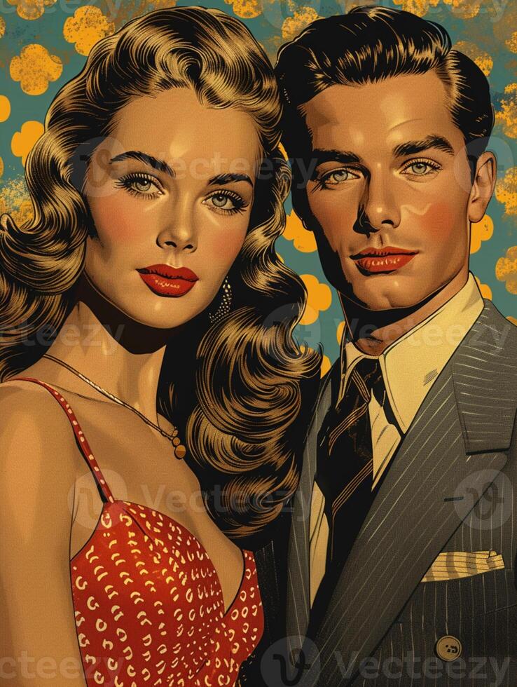 ai généré sensationnel pop art couple. sexy couple, femme avec frisé cheveux et homme dans costume. coloré Contexte dans pop art rétro bande dessinée style. photo