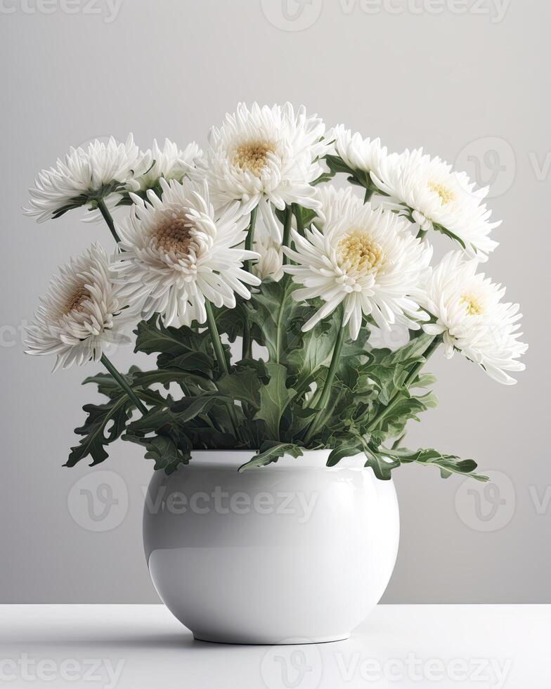 ai généré chrysanthèmes fleurs dans une blanc pot sur une table photo