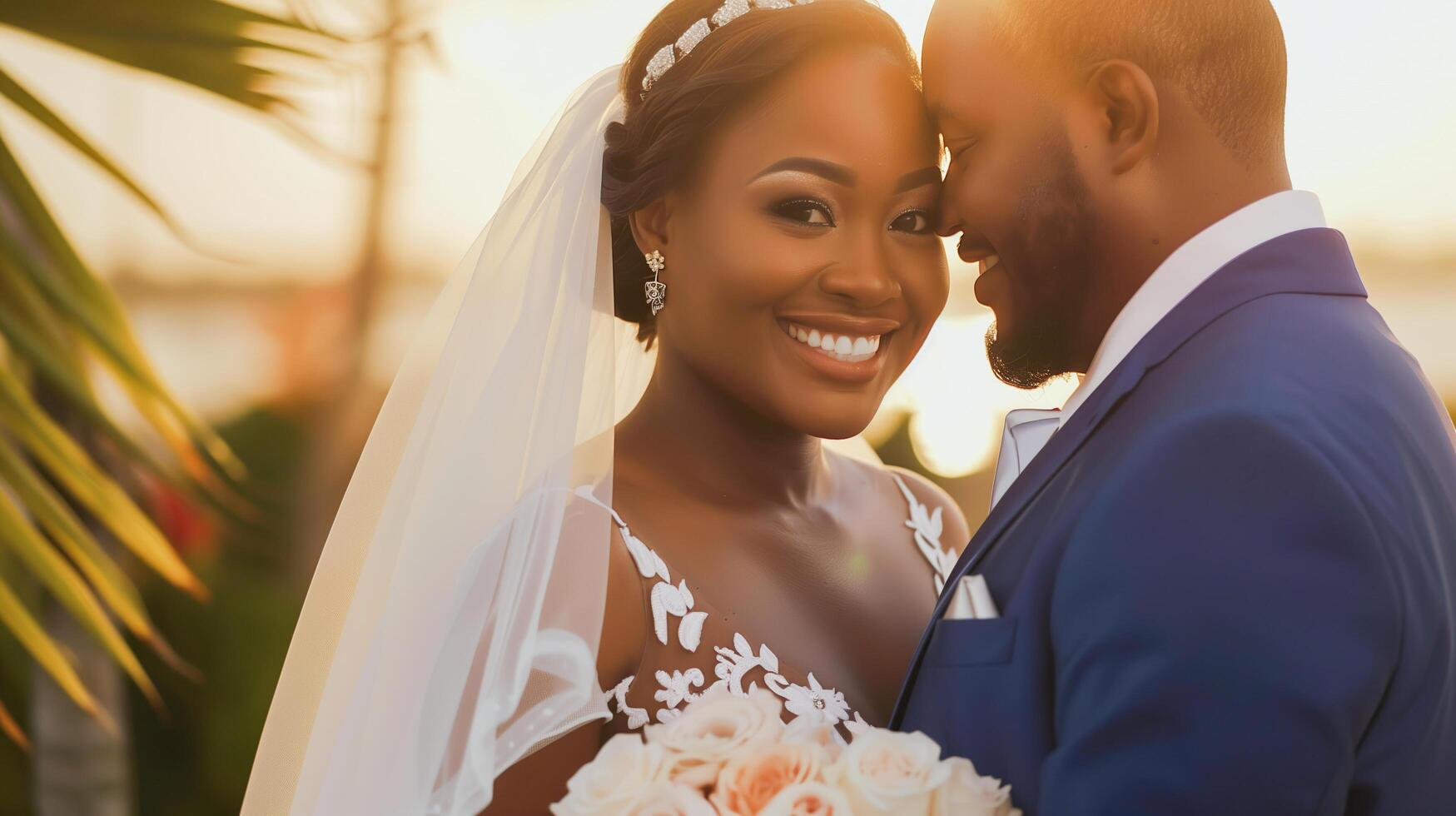 ai généré la mariée et jeune marié posant à le coucher du soleil sur leur mariage journée. adapté pour mariage faire-part, social médias des postes, et romantique à thème conceptions. photo