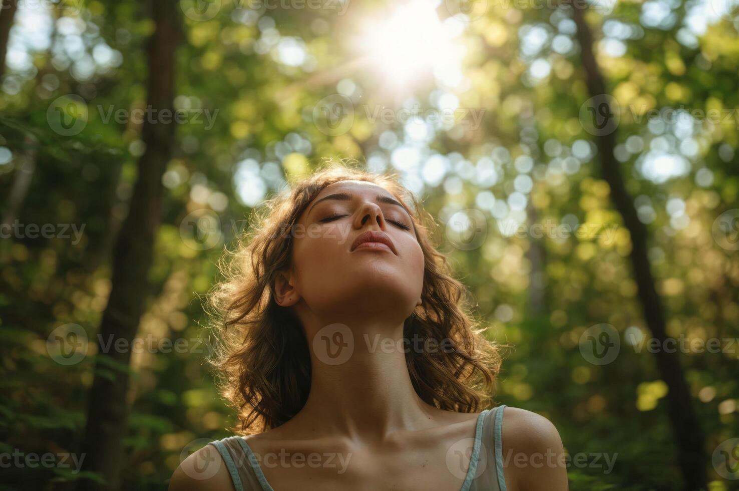 ai généré une la personne immergé dans nature, entouré par luxuriant verdure ou imposant des arbres, avec une serein expression de admiration et appréciation. photo