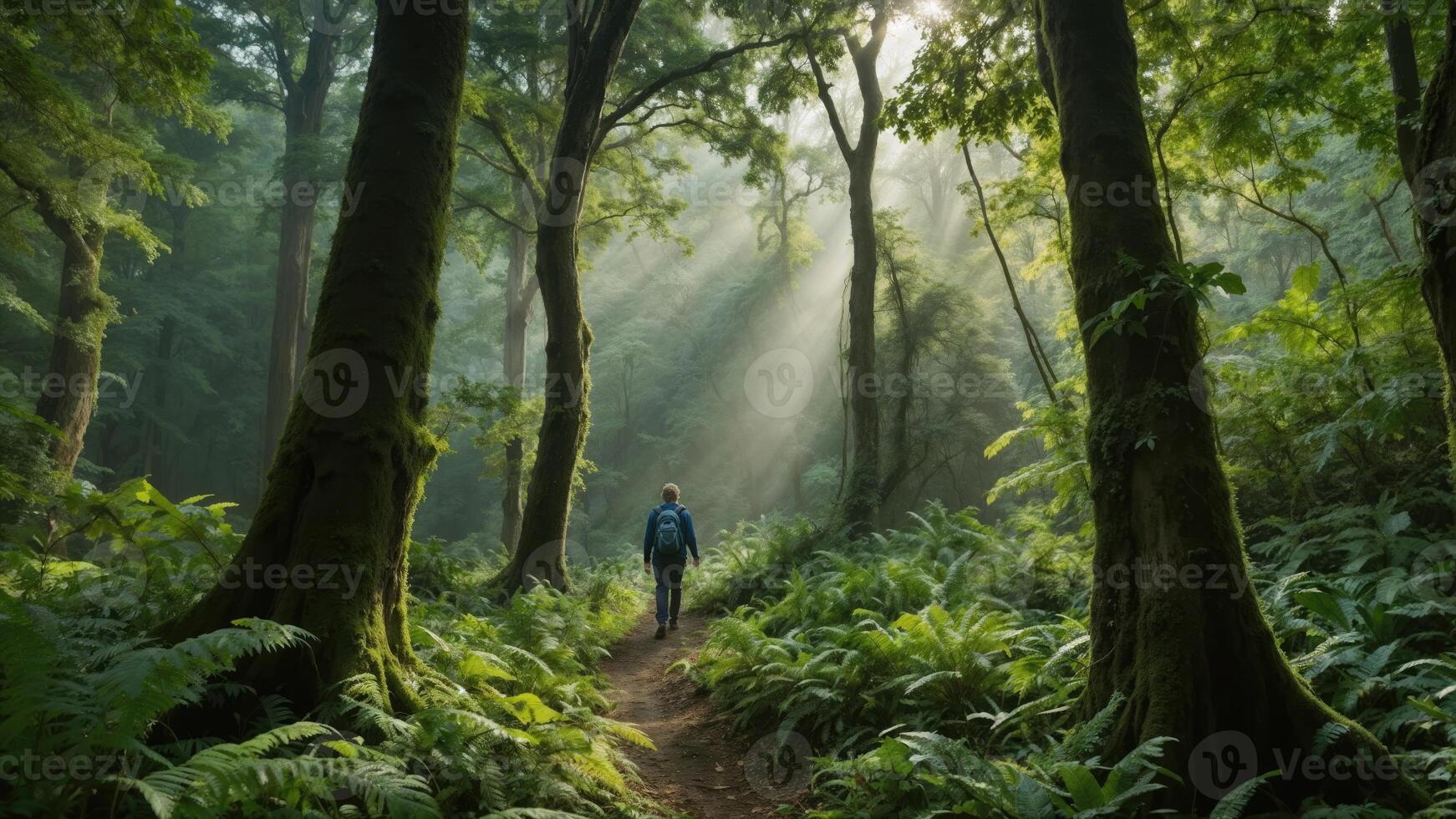 ai généré une la personne immergé dans nature, entouré par luxuriant verdure ou imposant des arbres, avec une serein expression de admiration et appréciation. photo