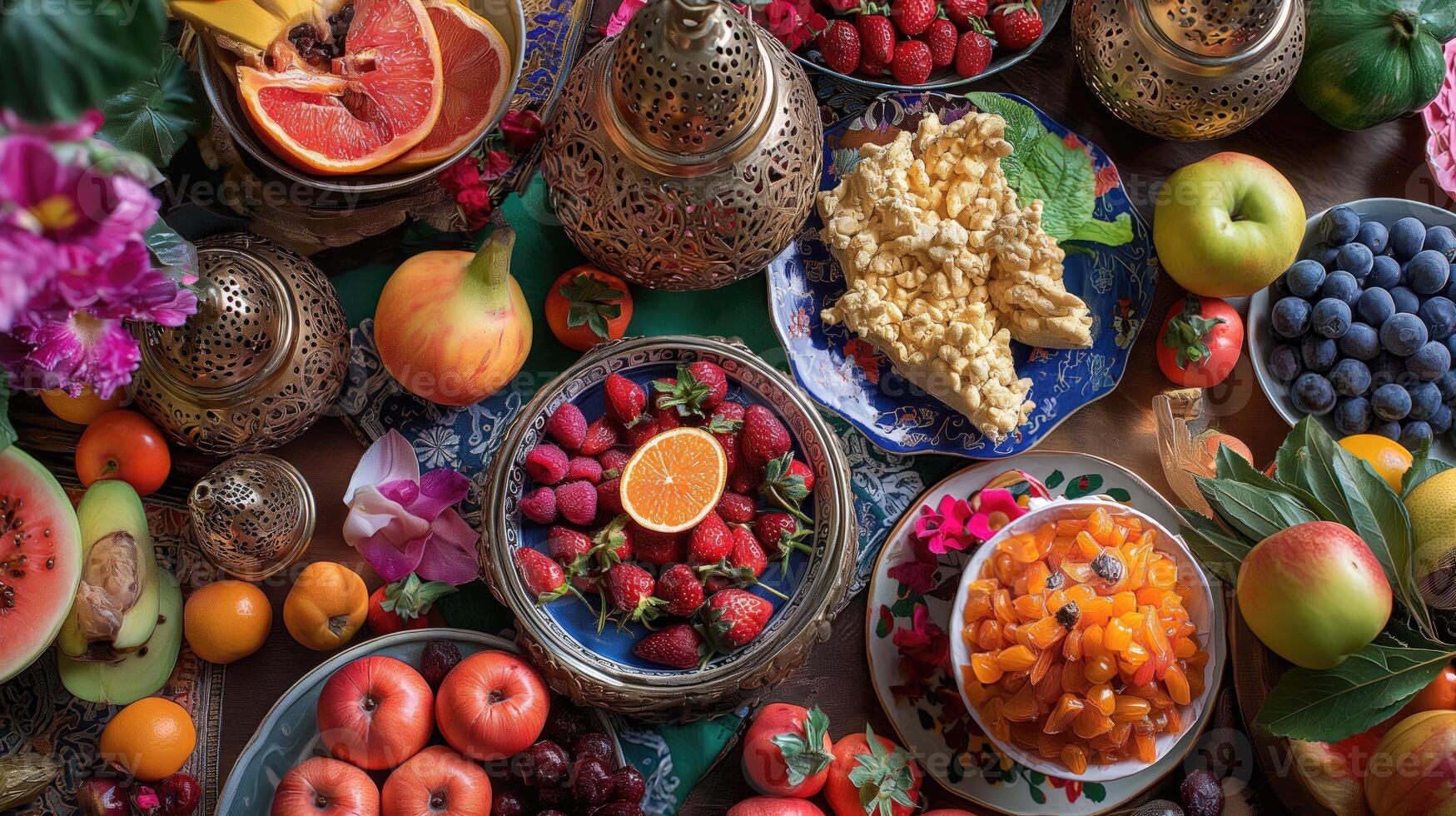 ai généré une généreux afficher de des fruits, bonbons, et gourmandises posé en dehors sur une table dans préparation pour le eid al-adha photo