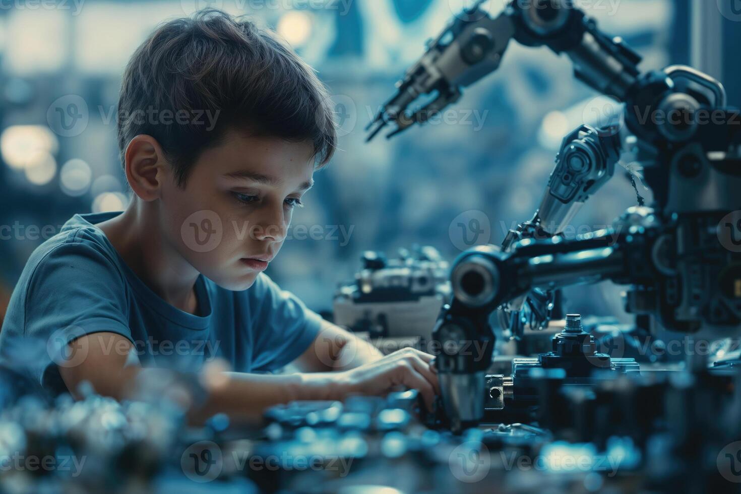 Jeune garçon engagé dans la robotique Assemblée dans une moderne atelier pendant une science camp. photo