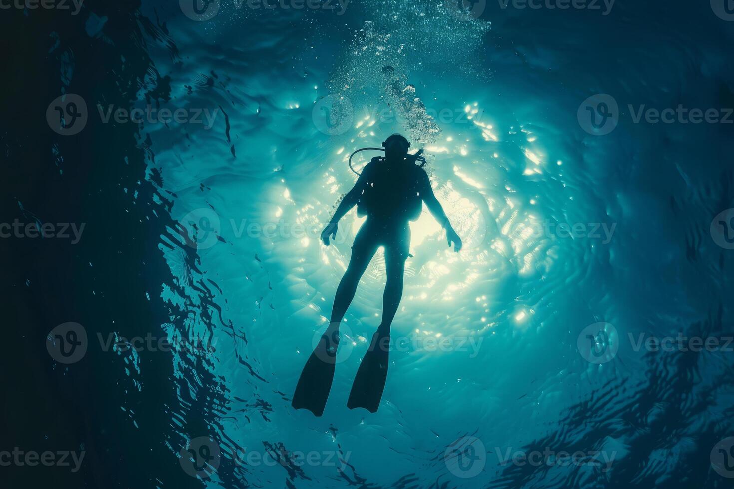 ai généré scaphandre autonome plongeur sous-marin dans bleu océan des eaux photo