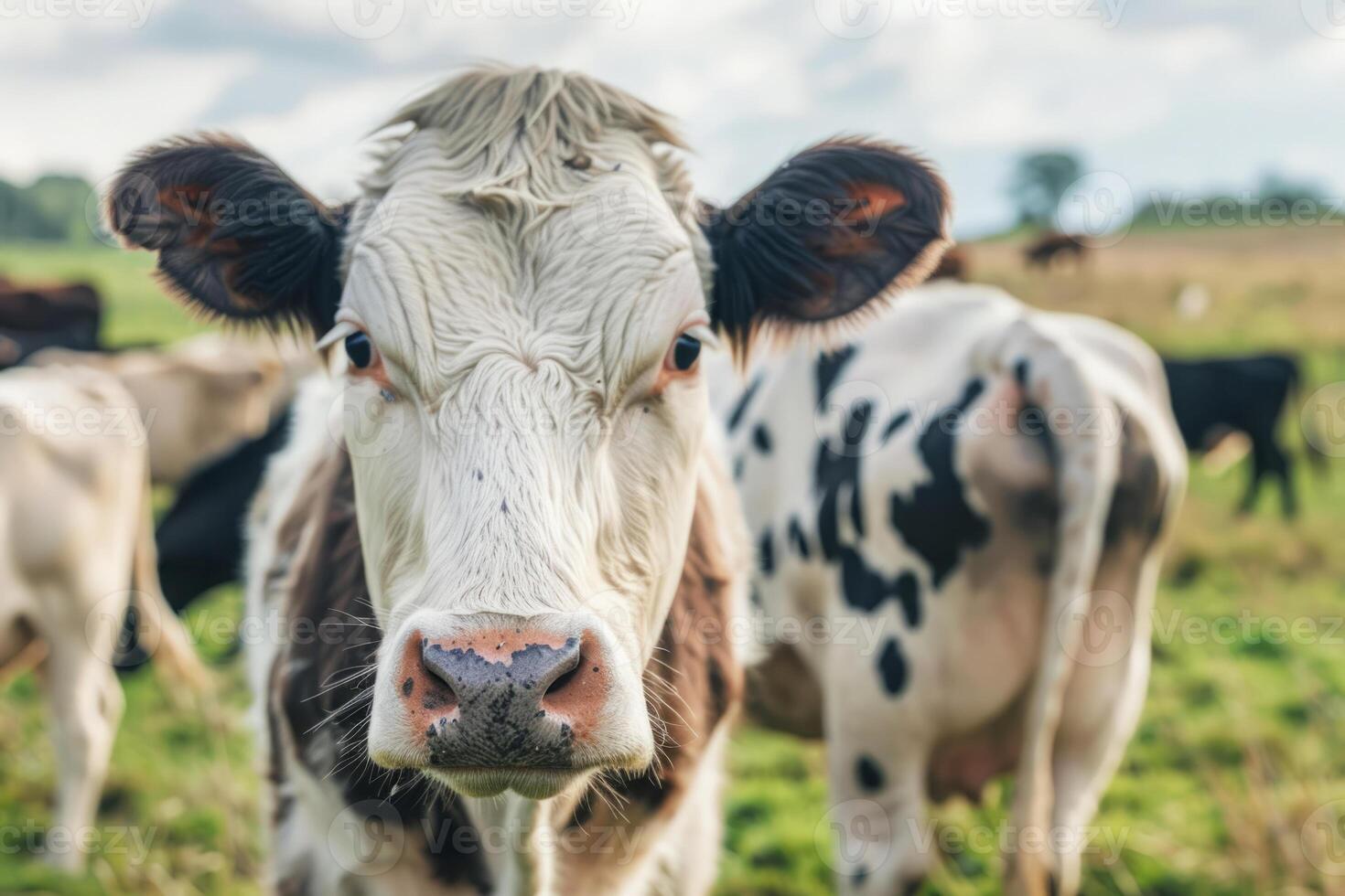 ai généré vache pâturage sur champ, en mangeant vert herbe sur pâturage photo