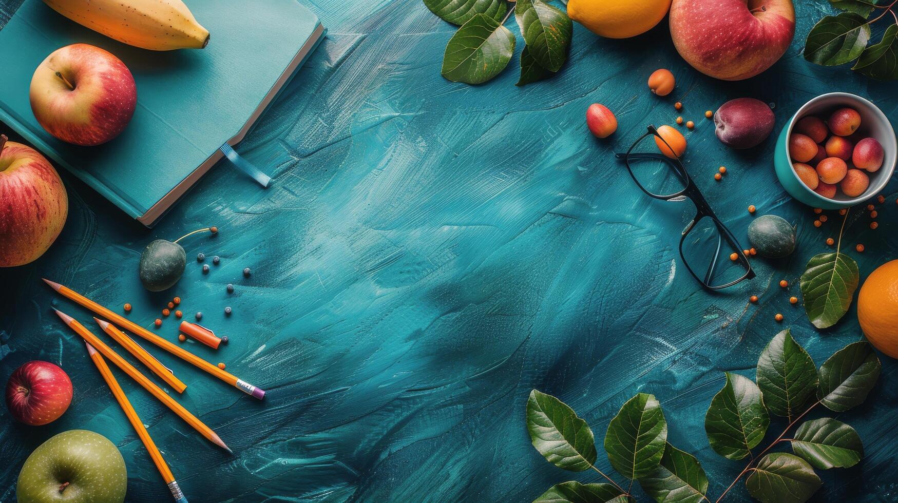 ai généré table avec des fruits, légumes, et livre photo