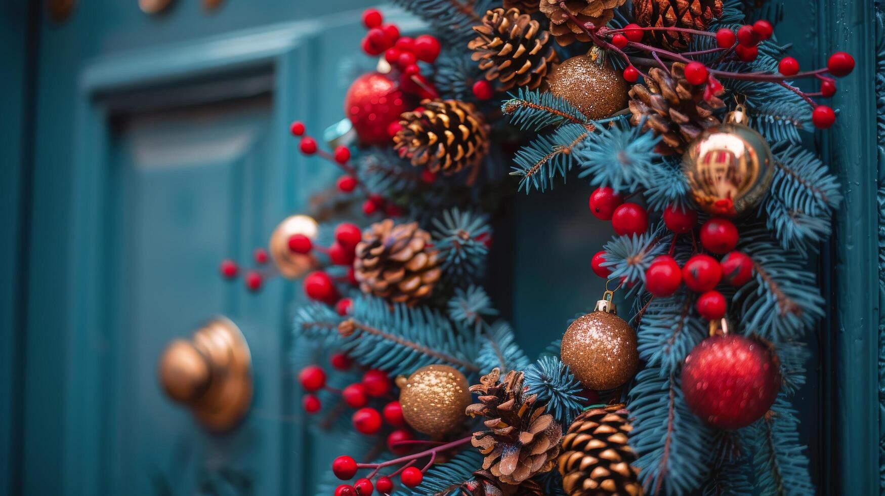 ai généré Noël couronne sur rouge porte photo