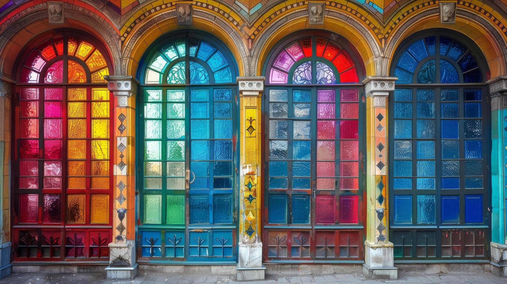 ai généré rangée de multicolore coloré verre les fenêtres photo