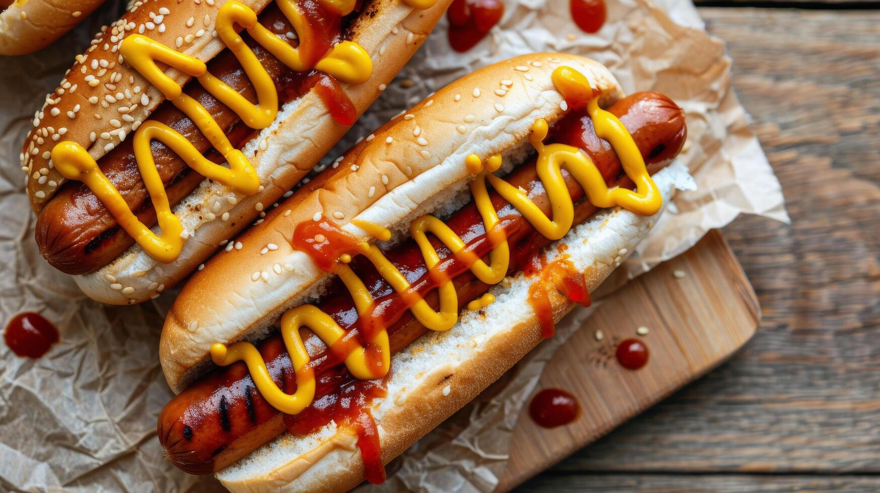 ai généré Trois chaud chiens avec moutarde et ketchup sur Coupe planche photo