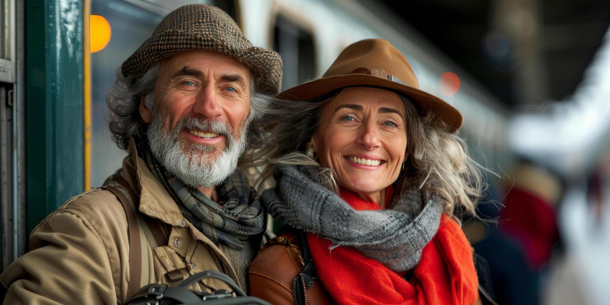 ai généré homme et femme permanent par train photo