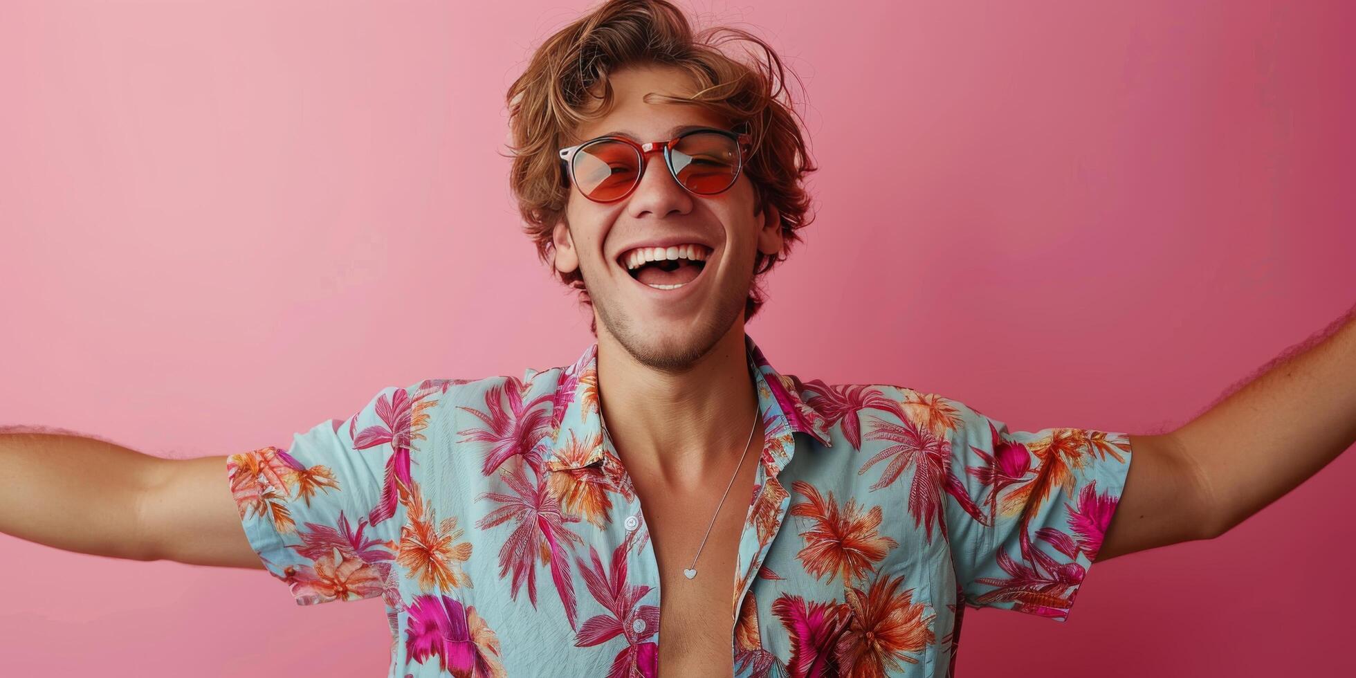 ai généré homme dans hawaïen chemise et des lunettes de soleil photo