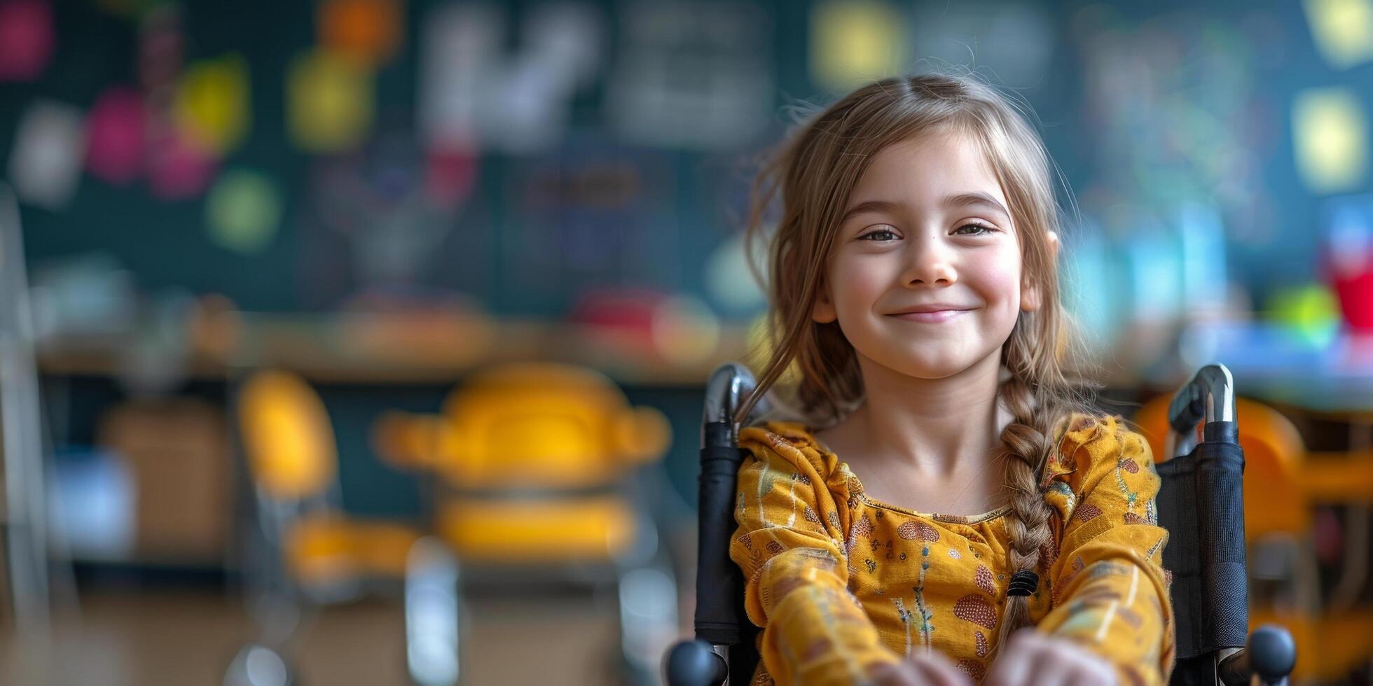 ai généré Jeune fille séance dans fauteuil roulant photo