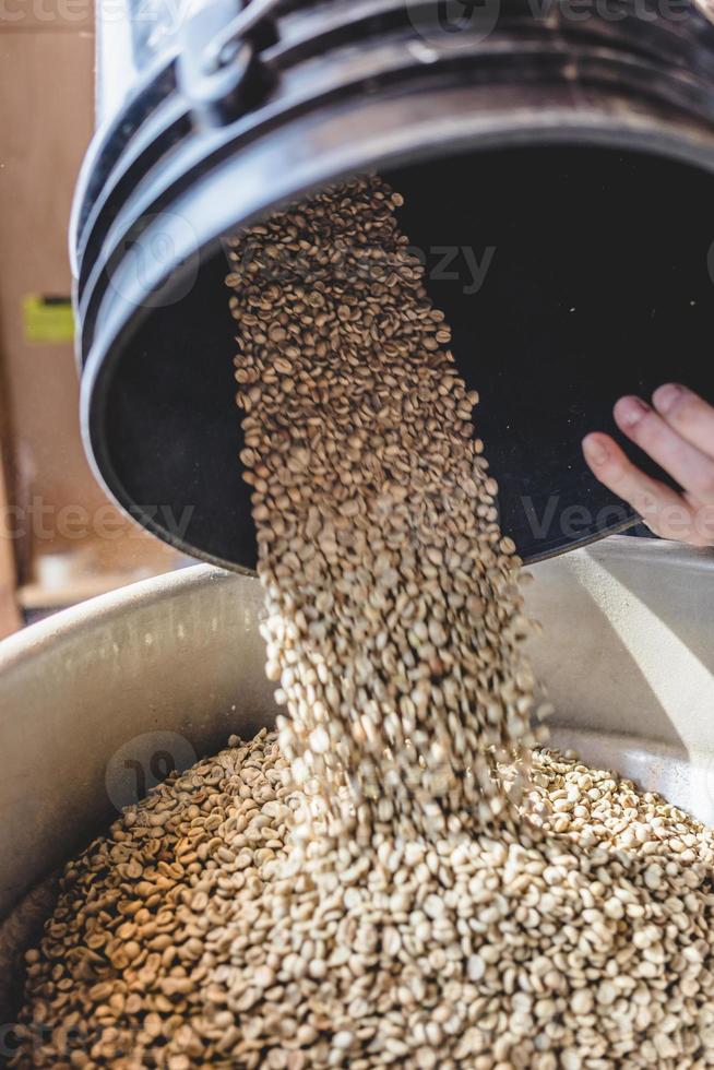 ouvrier agricole versant des grains de café crus dans un torréfacteur photo