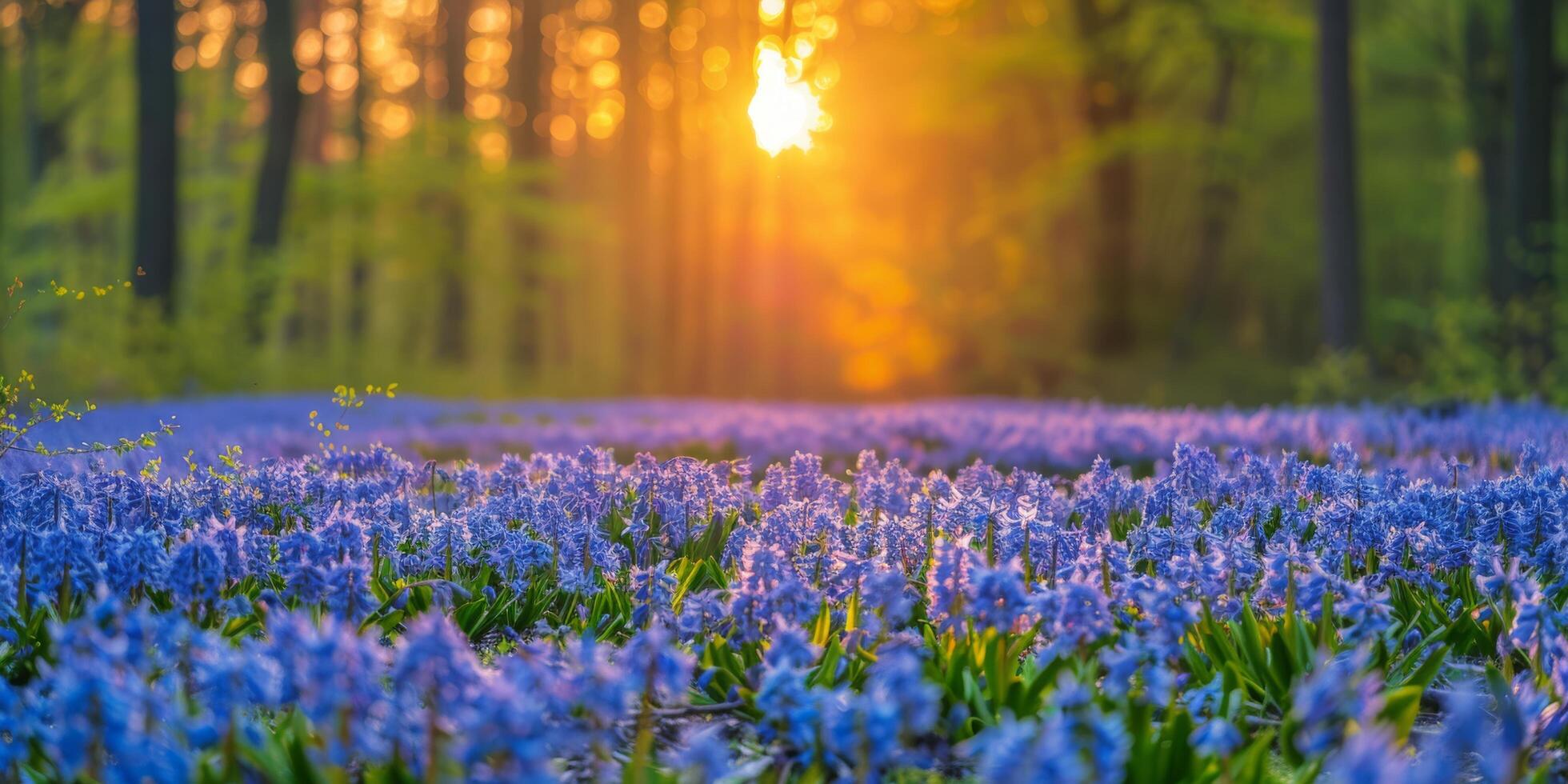 ai généré coucher de soleil plus de une champ de jacinthes photo