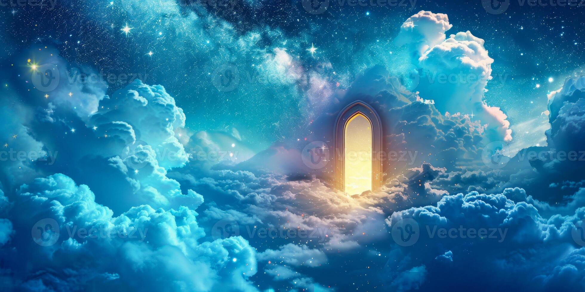 ai généré cette image capture une surréaliste scène de une porte flottant au milieu de duveteux des nuages dans le ciel, création une mystérieux et enchanteur vue photo