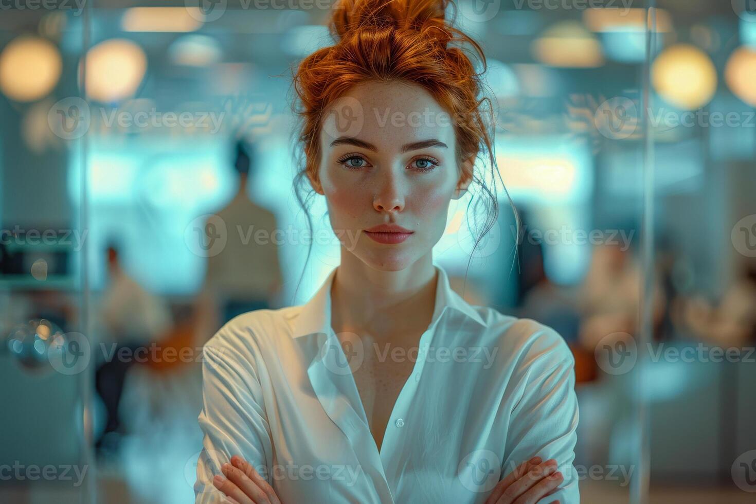 ai généré portrait de une sur de soi femme d'affaires avec auburn cheveux, mettant en valeur professionnalisme et équilibre dans une contemporain Bureau réglage photo